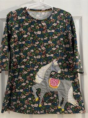 Baby Girl Toddler Floral 100% Cotton Dress with Gray Horse Appliqué Long Sleeve